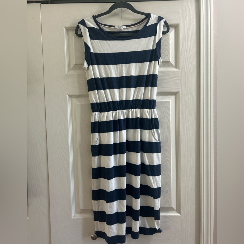 Boden Dress Women’s Size 4 L White Blue Stripe Pockets Sleeveless Summer